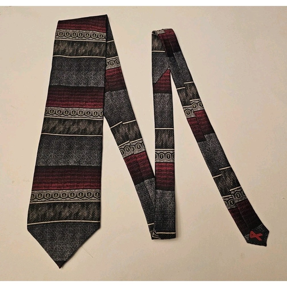 We Care Mens Silk Tie Red Black Grey White Striped Geometric Classic 3.75x56
